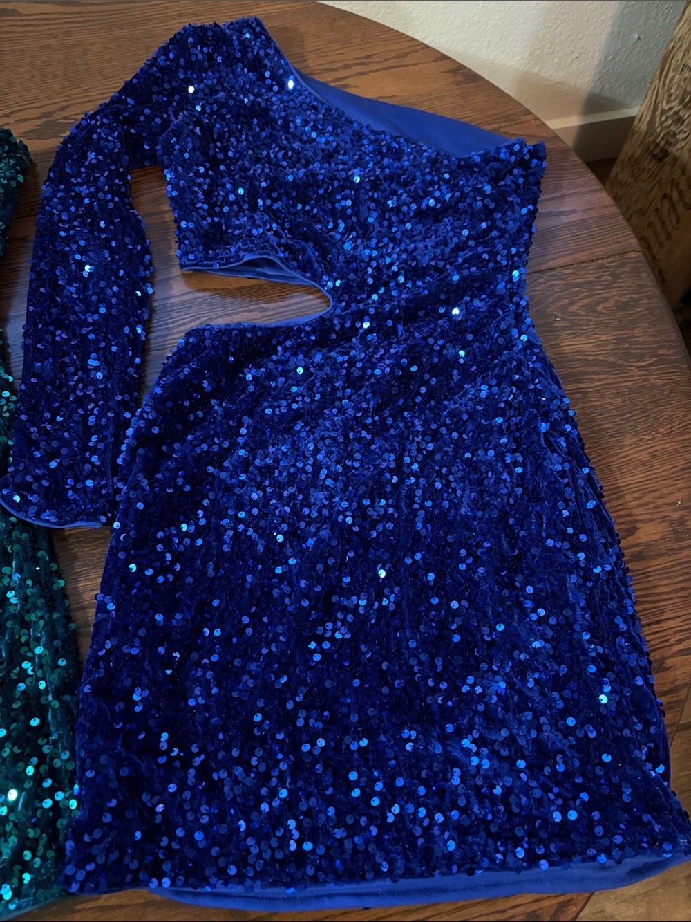 Two Woman’s Sequin One-Shoulder Cutout Dress - Teal and Royal Blue - Picture 5 of 11